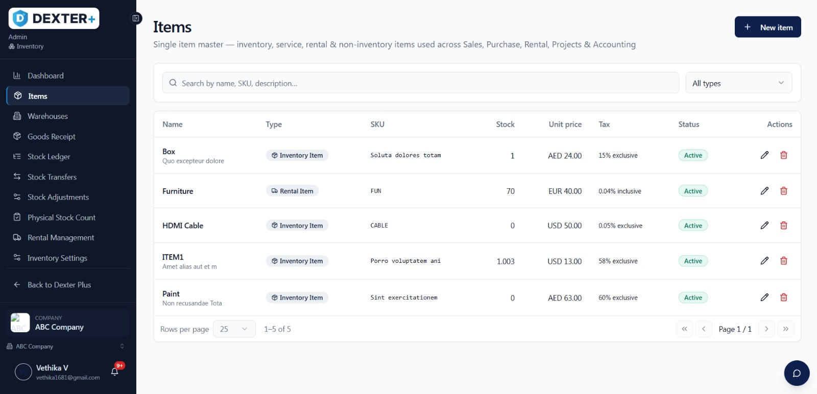 Rental tracker showing available, rented-out and returned items